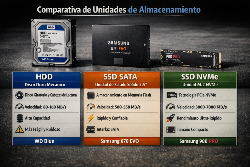 Comparativa de tipos de disco duro HDD SSD NVMe